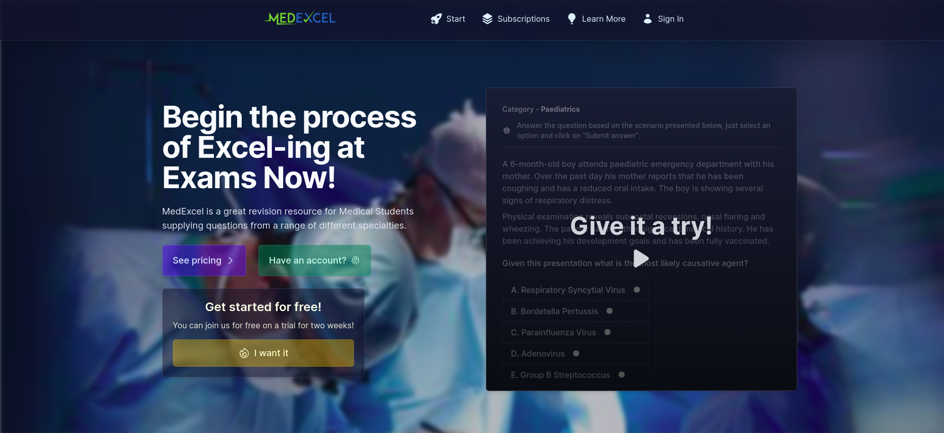 MedExcel landing page
